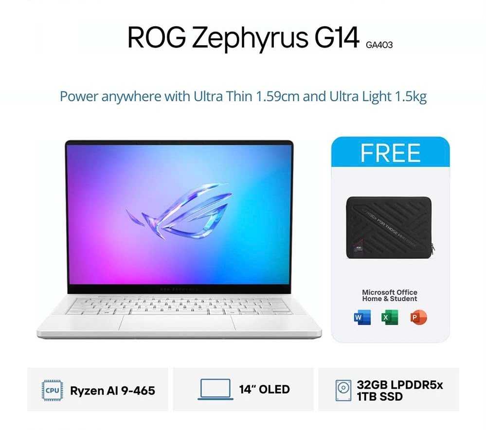 ASUS ROG ZEPHYRUS G14 GA403GM-R9N56OL6W-HM AMD Ryzen AI 9 465 32GB LPDDR5X 1TB RTX5060 8GB W11 Home + OHS 2024 + Microsoft 365 Basic Platinum White + ROG sleeve include inside Box